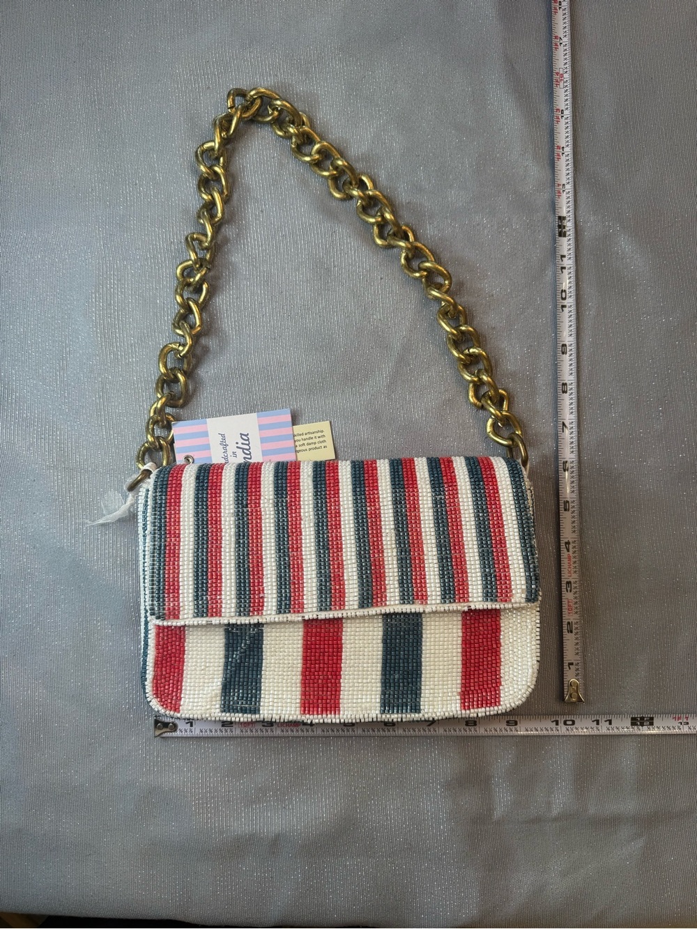 Viral Beaded Bag! NWT Made in India Red White Blue Stripes Chain Shoulder Bag - Picture 9 of 11
